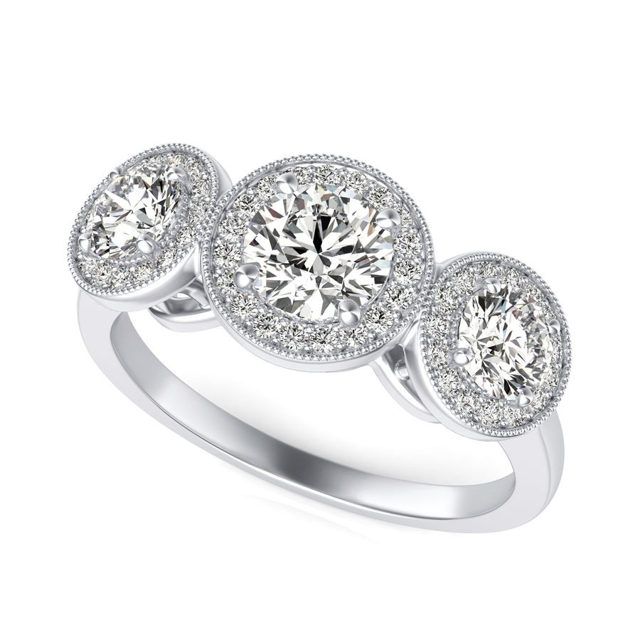 Three Stone Halo Engagement Ring
