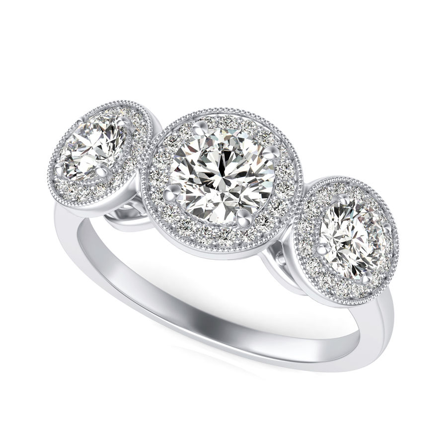Three Stone Halo Engagement Ring