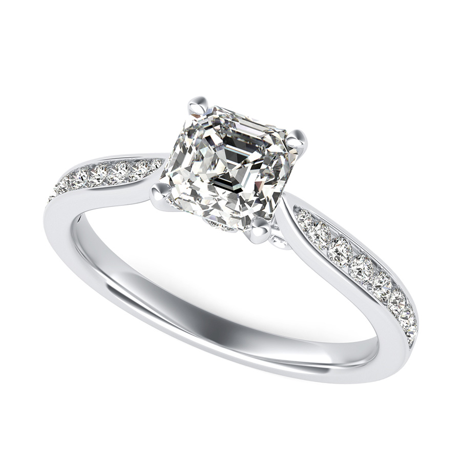 Cathedral Engagement Ring With Channel Set Side Stones And Scroll On The Side