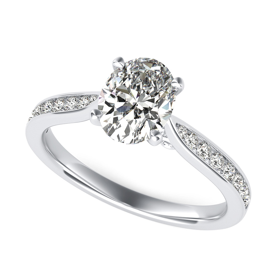 Cathedral Engagement Ring With Channel Set Side Stones And Scroll On The Side
