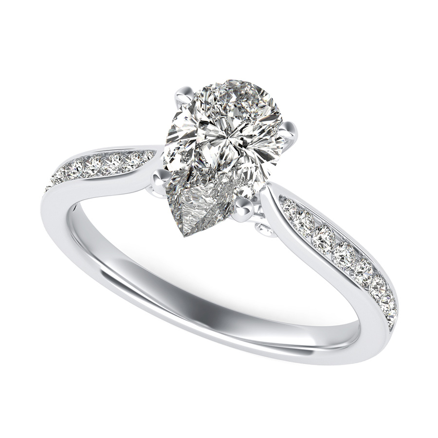 Cathedral Engagement Ring With Channel Set Side Stones And Scroll On The Side