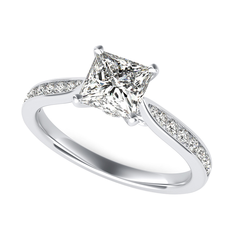 Cathedral Engagement Ring With Channel Set Side Stones And Scroll On The Side