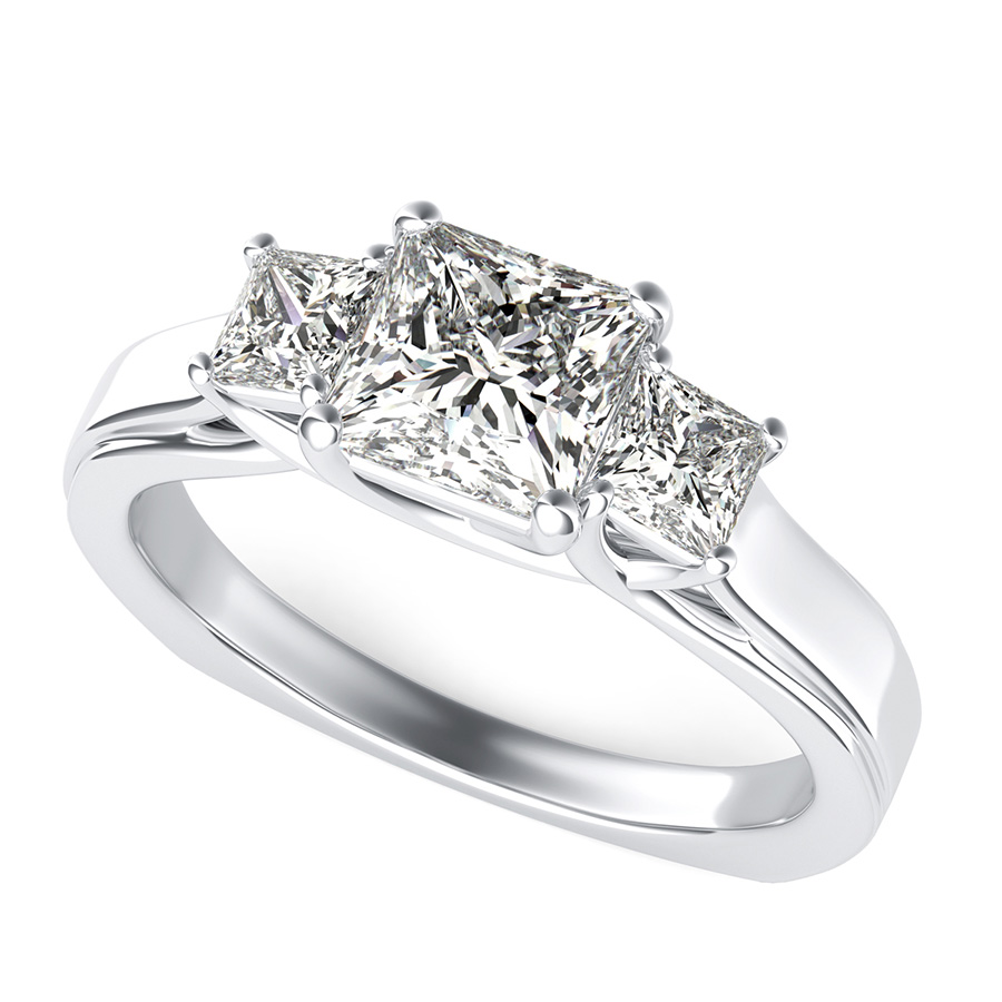 Three Stone Trellis Engagement Ring With Square Shank