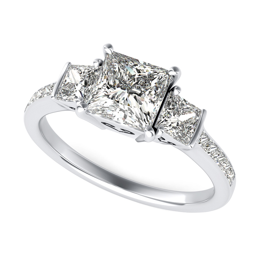 Three Stone Engagement Ring With Heart Basket and Diamond Shank
