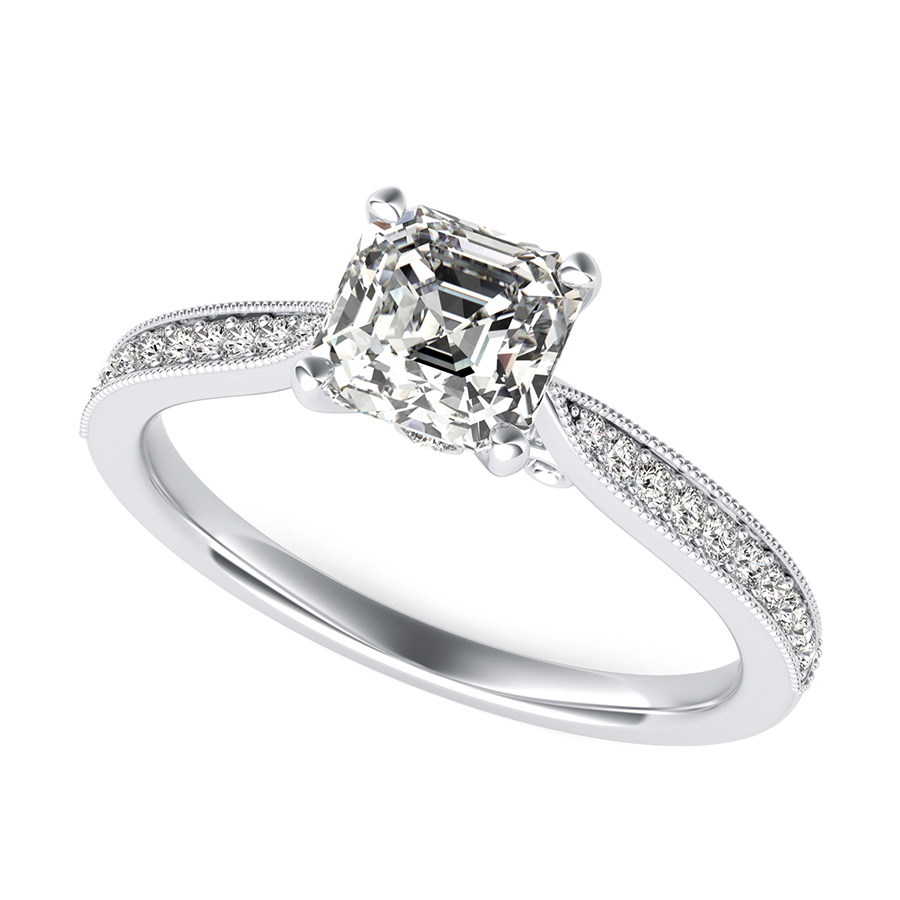 Cathedral Engagement Ring With Milgrain Pave Side Stones And Scroll On The Side