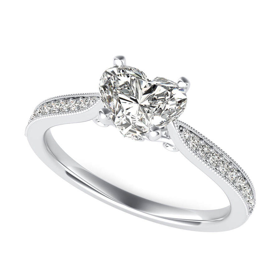 Cathedral Engagement Ring With Milgrain Pave Side Stones And Scroll On The Side