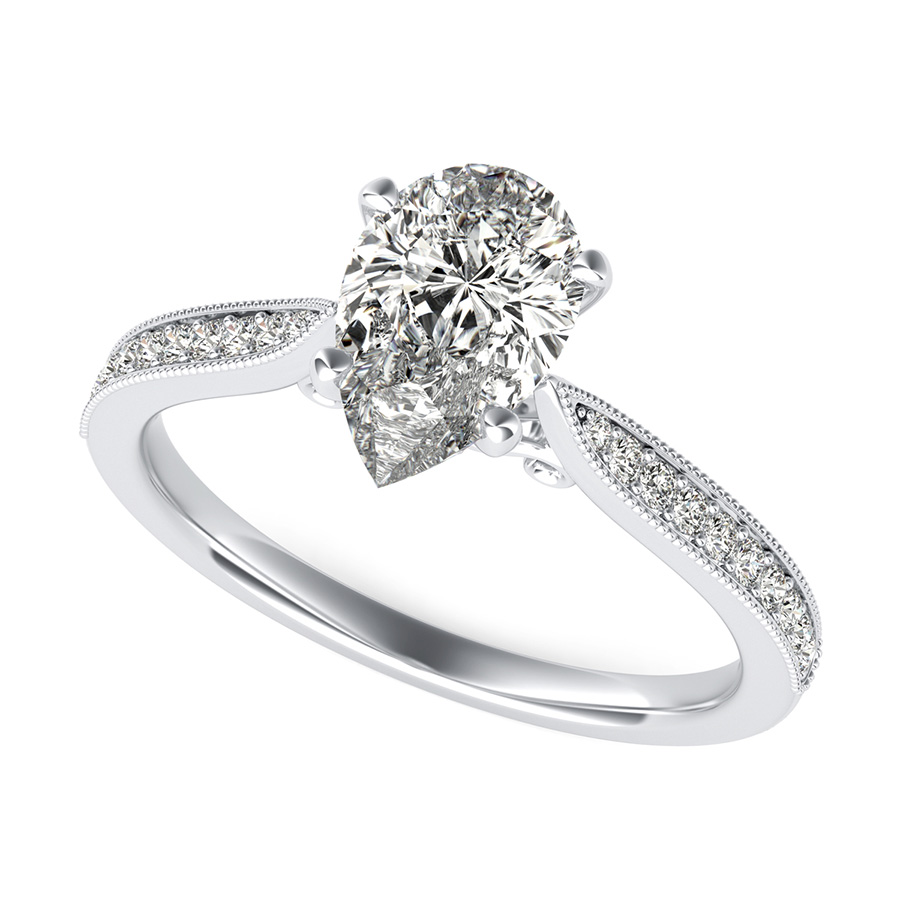 Cathedral Engagement Ring With Milgrain Pave Side Stones And Scroll On The Side