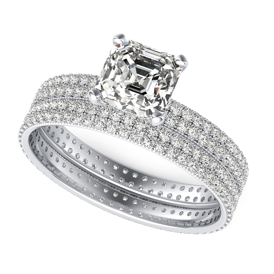 Double Row Eternity Engagement Ring with Milgrain & Matching Band
