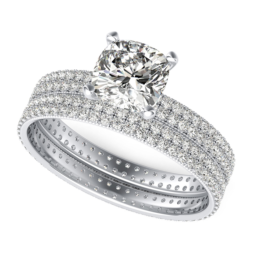 Double Row Eternity Engagement Ring with Milgrain & Matching Band