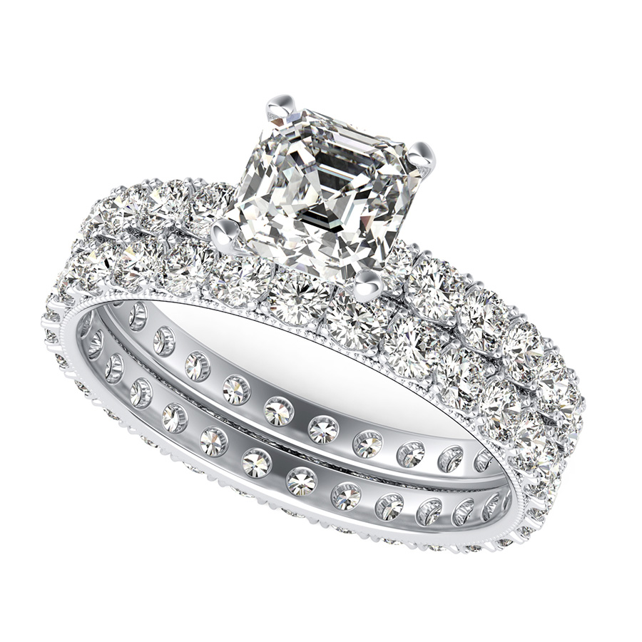 French Pave Eternity Engagement Ring with Milgrain $ Matching Band