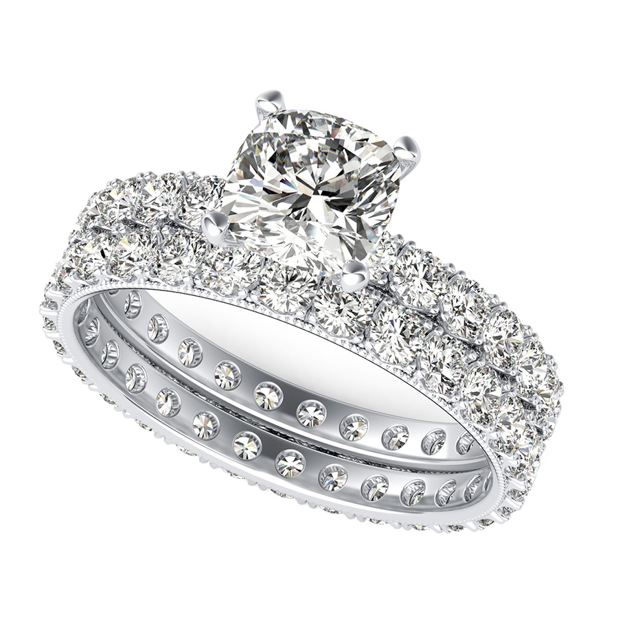 French Pave Eternity Engagement Ring with Milgrain $ Matching Band