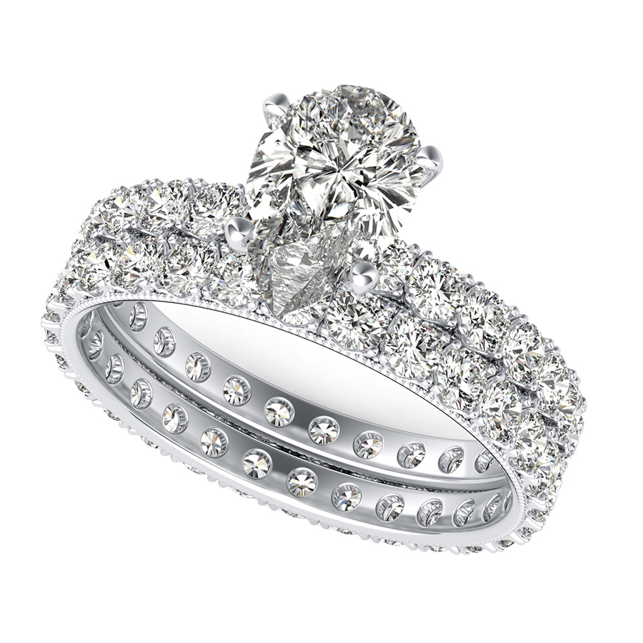 French Pave Eternity Engagement Ring with Milgrain $ Matching Band