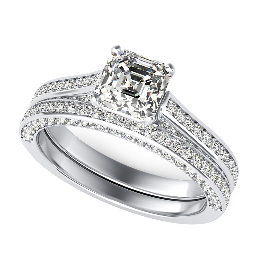 Cathedral Engagement Ring With Pave Side Stones & Matching Band