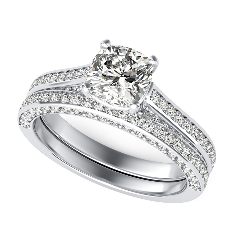 Cathedral Engagement Ring With Pave Side Stones & Matching Band