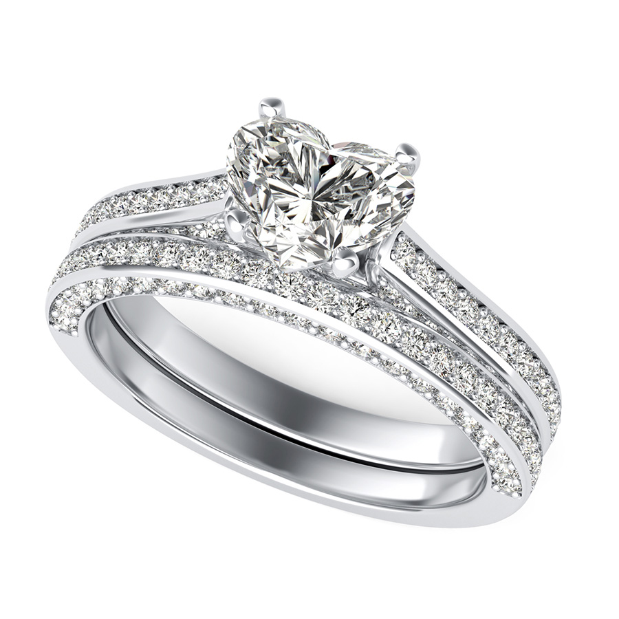 Cathedral Engagement Ring With Pave Side Stones & Matching Band