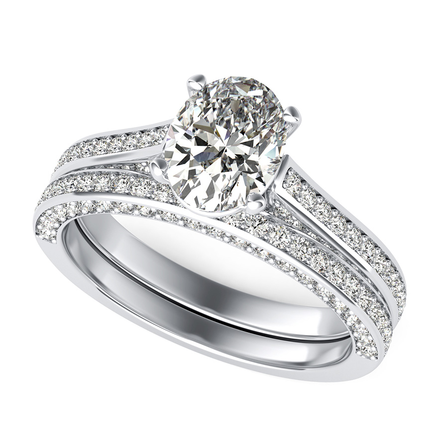 Cathedral Engagement Ring With Pave Side Stones & Matching Band