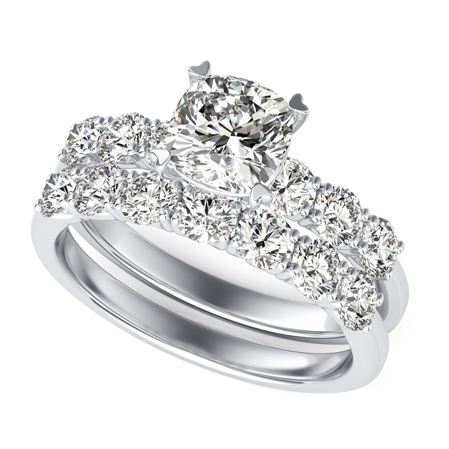 Engagement Ring With Side Stones Set In U Shape Prongs & Matching Band