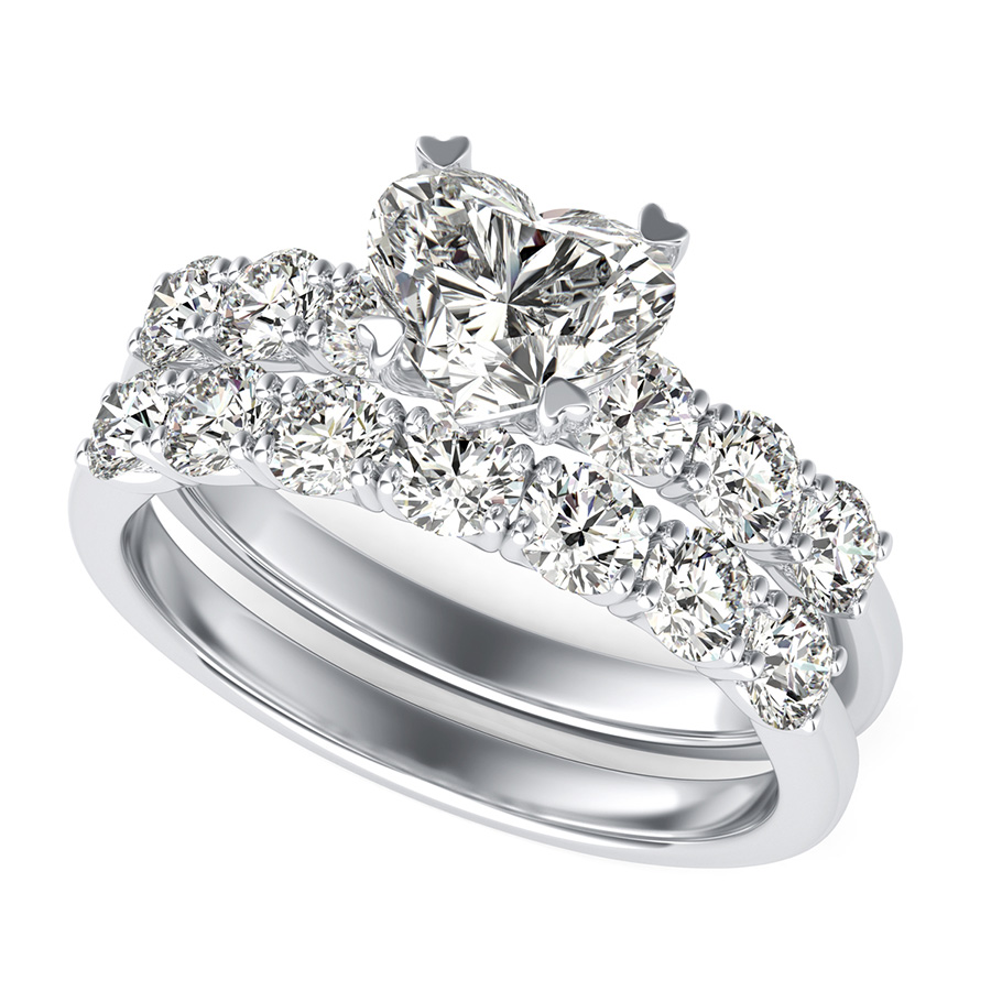 Engagement Ring With Side Stones Set In U Shape Prongs & Matching Band