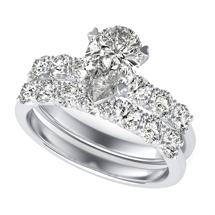 Engagement Ring With Side Stones Set In U Shape Prongs & Matching Band